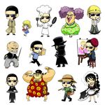  3girls 4boys alternate_costume axe baby_5 beret buffalo_(one_piece) chef_hat donquixote_pirates easel egg gladius_(one_piece) hard_hat hat jolly_roger jora_(one_piece) kurokana0721 lao_g machvise maid multiple_boys multiple_girls multiple_persona one_piece pirate straw_hat sugar_(one_piece) sunglasses vergo weapon 