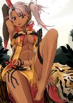  abs armpits barefoot bird breasts cleavage dark_skin detached_sleeves earrings hair_ornament highres jewelry junkyard knife leaf medium_breasts mountain original parted_lips pink_hair red_eyes sangokushi_taisen side_ponytail sitting solo tattoo wind yuo0 zhu_rong 