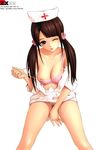  1girl absurdres areolae bottomless bra breasts brown_eyes brown_hair hair_bobbles hair_ornament highres nipples nurse open_clothes open_shirt pink_bra pubic_hair shirt solo tongue tongue_out twintails underwear wink zx-77 