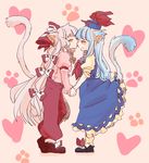  animal_ears bad_id bad_pixiv_id blue_dress blue_hair bow cat_ears cat_tail dress face_licking fujiwara_no_mokou hair_bow hair_ribbon hat heart holding_hands juliet_sleeves kamishirasawa_keine kemonomimi_mode komaku_juushoku licking long_hair long_sleeves multiple_girls neckerchief pants paw_print pink_background puffy_sleeves ribbon shirt short_sleeves silver_hair tail touhou tress_ribbon very_long_hair yuri 