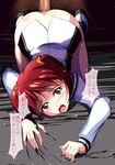  1girl ass blush brown_eyes censored clothed_sex from_behind iga_(nonono_tsuushin) isshiki_akane koyasugai no_panties open_mouth red_hair saliva sex text top-down_bottom-up vividred_operation 