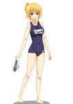  alternate_hairstyle bad_id bad_pixiv_id barefoot blonde_hair charlotte_dunois covered_navel goggles highres infinite_stratos name_tag one-piece_swimsuit purple_eyes school_swimsuit solo sweta_(sakerflc) swim_cap swimsuit tied_hair 