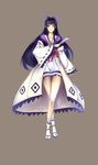  absurdres aerlai ayanokouji_kanna crossed_legs fan full_body hair_ribbon highres japanese_clothes long_hair maplestory miko purple_eyes purple_hair ribbon simple_background skirt smile solo standing tabi very_long_hair watson_cross wide_sleeves 