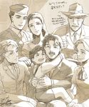  5boys battle_tendency child dio_brando drawr erina_pendleton facial_hair family fedora george_joestar_ii grandfather_and_grandson hair_bun hat hug jojo_no_kimyou_na_bouken jonathan_joestar joseph_joestar_(young) lisa_lisa military_hat monochrome multiple_boys multiple_girls mustache old phantom_blood robert_eo_speedwagon suspenders t_t tears thus000 what_if younger 