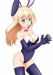  aneten animal_ears blonde_hair blue_eyes bow bowtie breasts bunny_ears bunnysuit cleavage detached_collar elbow_gloves gloves highres large_breasts long_hair original solo thighhighs 