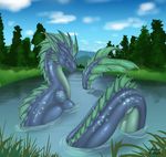 bedroom_eyes blue_skin cloud clouds dragon dripping feral fins forest frills looking_at_viewer purple_eyes redraptor16 scalie scenery sea_dragon seadragon sky solo tree water water_dragon 