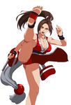  absurdres barefoot bridal_gauntlets brown_hair closed_fan fan fatal_fury feet fighting_stance folding_fan highres japanese_clothes kicking kuroi_ohagi long_hair ninja pelvic_curtain ponytail revealing_clothes shiranui_mai soles the_king_of_fighters toeless_legwear toes 