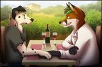  anthro beverage black_fur black_nose blue_eyes blue_hair brown_fur canine claws couple dalmatian dog duo fox fur gay green_eyes green_hair hair hand_holding male mammal nature outside purple_hair rarakie romantic smile spotted_fur white_fur wine 