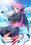  ankle_ribbon bad_id bad_pixiv_id barefoot black_dress black_feathers black_wings blue_eyes blush cloud corset day dress fang happy head_wings long_hair looking_back noma_(kifyz23) open_mouth original pink_hair ribbon sky solo wings 