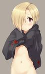  :&lt; bags_under_eyes blonde_hair blush earrings hair_over_one_eye highres hood hood_down hoodie idolmaster idolmaster_cinderella_girls jacket jewelry looking_at_viewer md5_mismatch midiman navel out-of-frame_censoring red_eyes shirasaka_koume shirt_lift short_hair simple_background sleeves_past_fingers sleeves_past_wrists solo sweater 