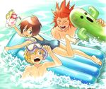  1girl 2boys axel beach black_hair blonde_hair disney drink goggles goggles_on_head highres kingdom_hearts kingdom_hearts_358/2_days multiple_boys red_hair roxas roxasschool_swimsuit school_swimsuit snorkel square_enix swimsuit xion xion_(kingdom_hearts) 