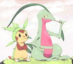  bad_id bad_pixiv_id chespin colona creature crossed_arms gen_3_pokemon gen_6_pokemon grovyle leaf lizard no_humans pokemon pokemon_(creature) sitting standing stick v-shaped_eyebrows 