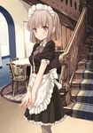  apron blush brown_eyes brown_hair frills hands_together maid maid_headdress original own_hands_together pantyhose short_hair smile solo stairs table tokunou_shoutarou 