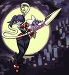  1girl alex_ahad bare_shoulders blue_hair blue_skin breasts detached_sleeves frown hair_over_one_eye highres leviathan_(skullgirls) long_hair official_art ponytail red_eyes side_ponytail skullgirls solo squigly_(skullgirls) stitched_mouth stitches striped striped_legwear 