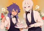  afuro_terumi bad_id bad_pixiv_id bow bowtie coffee flower heart inazuma_eleven_(series) inazuma_eleven_go kishibe_taiga latte_art male_focus multicolored_hair multiple_boys older purple_hair red_eyes tokio_neo two-tone_hair 