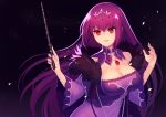  1girl arms_up bangs breasts choker cleavage commentary_request dark_background dress eyebrows_visible_through_hair fate/grand_order fate_(series) fur_trim hair_between_eyes highres jewelry kari_(hotaru_kago) large_breasts long_hair looking_afar parted_lips purple_dress purple_hair red_eyes scathach_(fate)_(all) scathach_skadi_(fate/grand_order) smile solo sparkle tiara wand wide_sleeves 