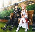  1girl asuna_(sao) bench black_eyes black_hair brown_eyes brown_hair detached_sleeves drink eating fingerless_gloves gloves highres hot_dog kirito long_hair meguritei one_eye_closed short_hair sitting sword_art_online thighhighs 