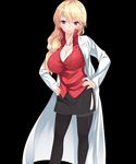  1girl black_background blonde_hair breasts cleavage game_cg glasses hand_on_hips hands_on_hips hinasaki labcoat large_breasts long_hair looking_at_viewer maternity_monsters!_dekichaimashita! maternity_monsters!_~dekichaimashita!~ miniskirt nail_polish pantyhose red_eyes simple_background skirt solo standing thighhighs tsukinashi_maya 