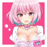  1girl :d bangs blue_hair blush breasts cleavage collarbone eyebrows_visible_through_hair fang hair_between_eyes hair_intakes heart idolmaster idolmaster_cinderella_girls large_breasts lock looking_at_viewer multicolored_hair open_mouth pink_background pink_collar pink_eyes pink_hair shirt short_hair short_sleeves smile solo star two-tone_hair upper_body white_shirt yumemi_riamu yuricyan 