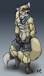  abs abstract_background anthro belt black_nose canine clothing ears_down fender ferret ferrox fox hybrid k-9 looking_at_viewer male mammal markings muscles mustelid necktie pecs shorts socks_(marking) solo toned topless undressing 