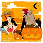  2boys alternate_costume animal_costume basket black_hair food fruit halloween harumura99 jack-o'-lantern jack_o&#039;_lantern male male_focus monkey_d_luffy moon multiple_boys one_piece open_clothes open_shirt orange pixiv_manga_sample pumpkin red_hair scar shanks shirt smile wolf_costume 