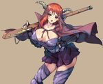  akaga_hirotaka antique_firearm armor breasts brown_background cape fingerless_gloves firelock gauntlets gloves greaves gun hand_on_hip horns large_breasts long_hair looking_at_viewer maou_(maoyuu) maoyuu_maou_yuusha matchlock musket oda_nobunaga open_mouth red_eyes red_hair sengoku_taisen simple_background skirt solo weapon 