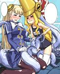  2girls bangs bare_shoulders blonde_hair blush capcom capcom_fighting_jam gloves ingrid kneeling long_hair multiple_girls naughty_face nool pantyhose school_swimsuit sitting swimsuit teeth tentacle thighhighs thighs tongue torn_clothes torn_pantyhose usatarou white_legwear white_thighhighs yuri 