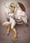  anthro avian beak bird breasts chinese_dragon claws dragon egyptian_vulture eva_(ozawk) female horn looking_at_viewer lying nipples nude on_back pinup pose pussy red_eyes rotarr solo whiskers wings 