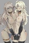  2girls asymmetrical_docking bdsm blue_eyes breast_press breasts collar dark_skin elbow_gloves elf female gloves hand_holding highres long_hair looking_at_viewer multiple_girls nakamr navel nipples open_mouth original panties pointy_ears side-tie_panties silver_hair slave smile standing thighhighs underwear white_hair yuri 