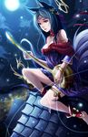  ahri alternate_costume animal_ears ankle_cuffs anklet aqua_eyes armlet bare_shoulders barefoot bell bracelet breasts cleavage collar dress facial_mark forehead_mark fox_ears fox_tail full_moon hair_ornament hair_ribbon highres instrument jewelry league_of_legends lute_(instrument) medium_breasts moon multiple_tails perzeusblade ribbon rooftop sitting solo tail thigh_strap whisker_markings 