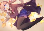 1girl absurdres autumn_leaves bangs black_legwear blue_eyes blue_skirt commentary_request full_body highres light_brown_hair long_hair long_sleeves looking_at_viewer no_shoes original pleated_skirt skirt slyvia solo thigh_sex thighhighs twintails zettai_ryouiki 