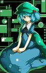  backpack bag blue_eyes blue_hair blush hair_bobbles hair_ornament hat highres kawashiro_nitori key long_skirt nal_(naru-1) short_hair sitting skirt smile solo touhou two_side_up wariza 