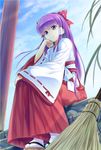  bad_id bad_pixiv_id bow broom hair_bow hakurei_reimu hakurei_reimu_(pc-98) japanese_clothes long_hair long_sleeves miko moss_(sphere211) purple_eyes purple_hair sandals sitting smile solo stairs tabi torii touhou touhou_(pc-98) white_legwear wide_sleeves 