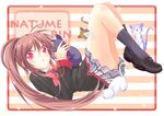  bad_id bad_pixiv_id bow brown_hair cat lennon little_busters! long_hair mitsugushi_yuu natsume_rin pink_bow plaid plaid_skirt ponytail red_eyes school_uniform skirt 