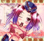  1girl andrew blush bra chocolate duel_angel fang hat red_bra red_hair skull smile solo text tour_guide_from_the_underworld translation_request underwear wink yu-gi-oh! 