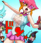  breasts d-gazer highres kouzuki_anna large_breasts mizuki_kotori mizuki_kotori_(yuu-gi-ou_zexal) multicolored_hair orange_hair red_hair school_uniform scouter short_hair torn_clothes tsukumo_yuma tsukumo_yuuma wardrobe_malfunction yellow_eyes yu-gi-oh! yuu-gi-ou_(card) yuu-gi-ou_zexal 