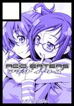  aida_mana black_border blue blush border bow chestnut_mouth circle_cut dokidoki!_precure eyelashes finger_to_face glasses hair_bow hishikawa_rikka hug hug_from_behind kazuma_muramasa monochrome multiple_girls open_mouth ponytail precure smile 