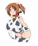  1girl animal_ears bell breasts brown_eyes brown_hair collar cow_ears cow_girl cow_print cow_tail female hair_ornament happy horns horuta_suin hottasuin_(hurimaro) huge_breasts kaz_(shade) leaning_forward looking_at_viewer one-piece_swimsuit short_hair short_twintails simple_background smile solo standing swimsuit tail thighhighs twintails white_background 