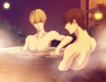  blonde_hair brown_eyes brown_hair fate/zero fate_(series) full_moon gilgamesh kotomine_kirei male_focus moon multiple_boys one_eye_closed onsen red_eyes sng steam 