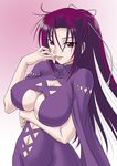  breast_hold breasts cleavage cleavage_cutout kazehana large_breasts long_hair misnon_the_great ponytail purple_eyes purple_hair seductive_smile sekirei smile solo 