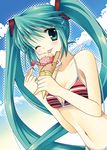  :p ;p aqua_hair bad_id bad_pixiv_id bikini blush day food hatsune_miku ice_cream ice_cream_spoon long_hair navel one_eye_closed sakura_hanpen solo spoon striped striped_bikini swimsuit tongue tongue_out twintails vocaloid 