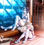  bad_id bad_pixiv_id bandana blonde_hair blue_eyes breasts feet hat legs lips long_hair medium_breasts multiple_girls nurse_cap original rezi sitting sitting_in_window thighhighs toeless_legwear toes white_legwear window 