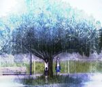  fence long_hair multiple_girls original outdoors rain school_uniform serafuku shigureteki standing tree under_tree 