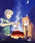  1girl animal_ears brown_hair campfire cloak cooking craft_lawrence holo horse ladle long_hair moon night pot red_eyes sitting spice_and_wolf star tanigawa_hiroshi tree vest wolf_ears 
