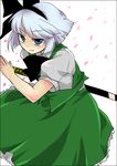  black_hairband blue_eyes hairband konpaku_youmu kuzumiya_yuyu ribbon silver_hair solo sword touhou weapon 