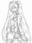  bad_id bad_pixiv_id bare_shoulders blush detached_sleeves greyscale hatsune_miku headset jun_(666) long_hair monochrome mouth_hold panties skirt skirt_lift solo striped striped_panties thighhighs traditional_media underwear vocaloid 