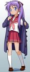  coat full_body hiiragi_kagami long_hair lucky_star nagian pink_neckwear purple_eyes purple_hair ryouou_school_uniform school_uniform serafuku skirt solo standing toggles twintails 