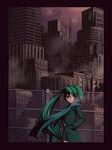  border breath chain-link_fence cityscape coat fence green_eyes green_hair hands_in_pockets hatsune_miku long_hair night scarf scenery solo torigoe_takumi twintails vocaloid 