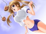  blue_eyes bouncing_breasts bread breasts brown_hair buruma covered_nipples food game_cg gym_uniform jumping large_breasts mizutani_yukari ryoujoku_tonari_no_onee-san solo twintails 