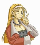  artist_request blonde_hair breasts cleavage coat collar earrings etoile_rosenqueen huge_breasts jewelry lowres marl_kingdom one_eye_closed rhapsody solo 